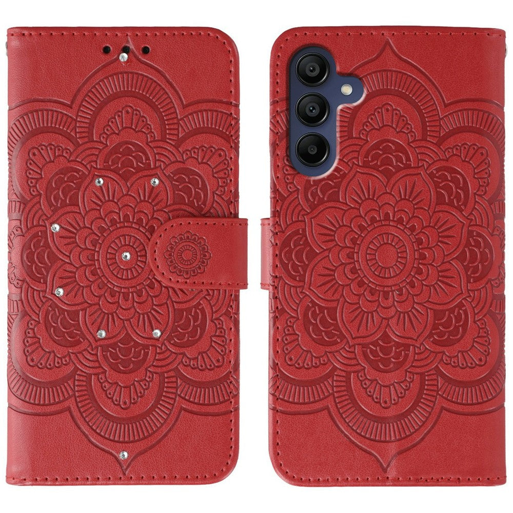Til Samsung Galaxy A06s Etui med Rhinstensdekoration, PU-læder med Mandala-præget Design Telefoncover med Håndledsrem