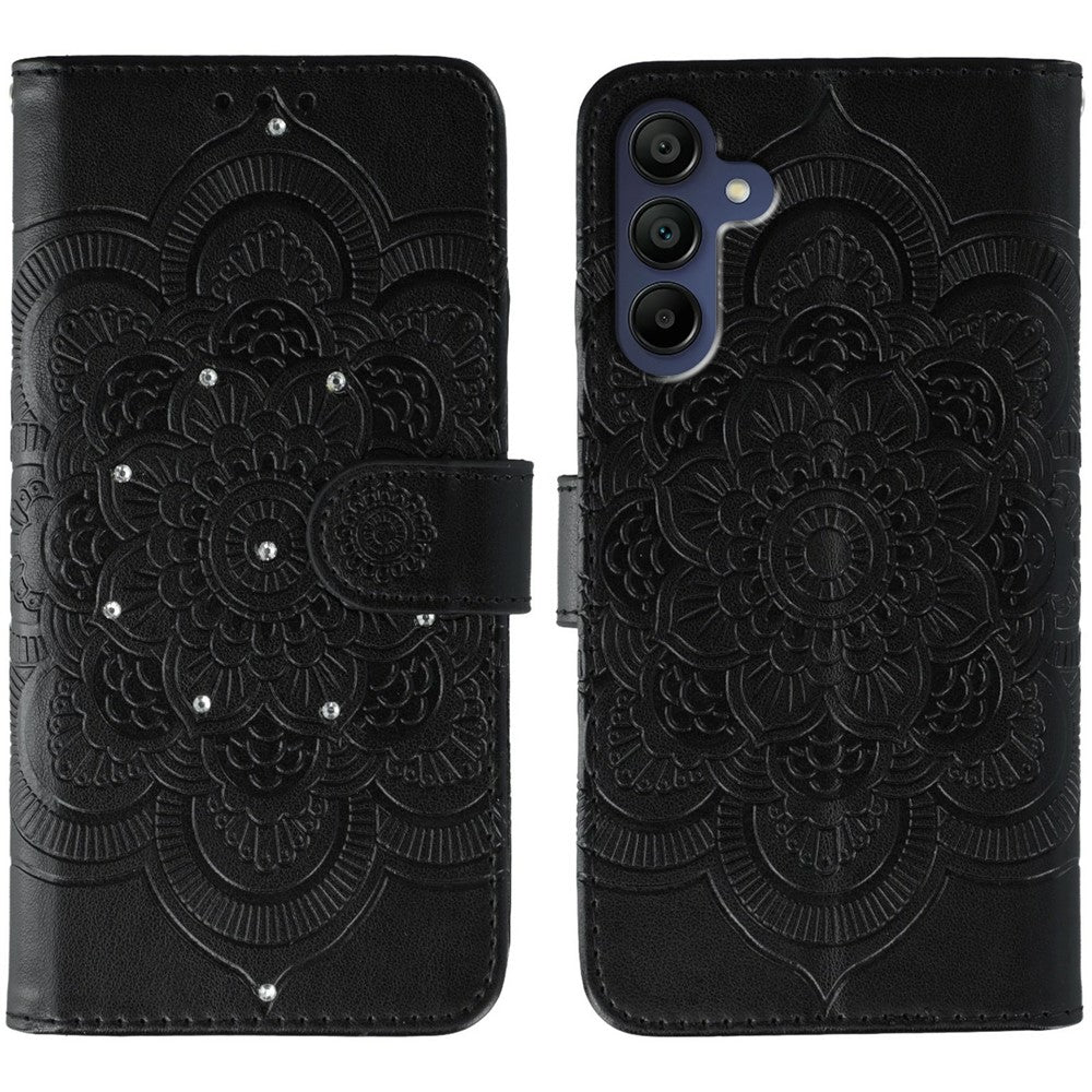 Til Samsung Galaxy A06s Etui med Rhinstensdekoration, PU-læder med Mandala-præget Design Telefoncover med Håndledsrem