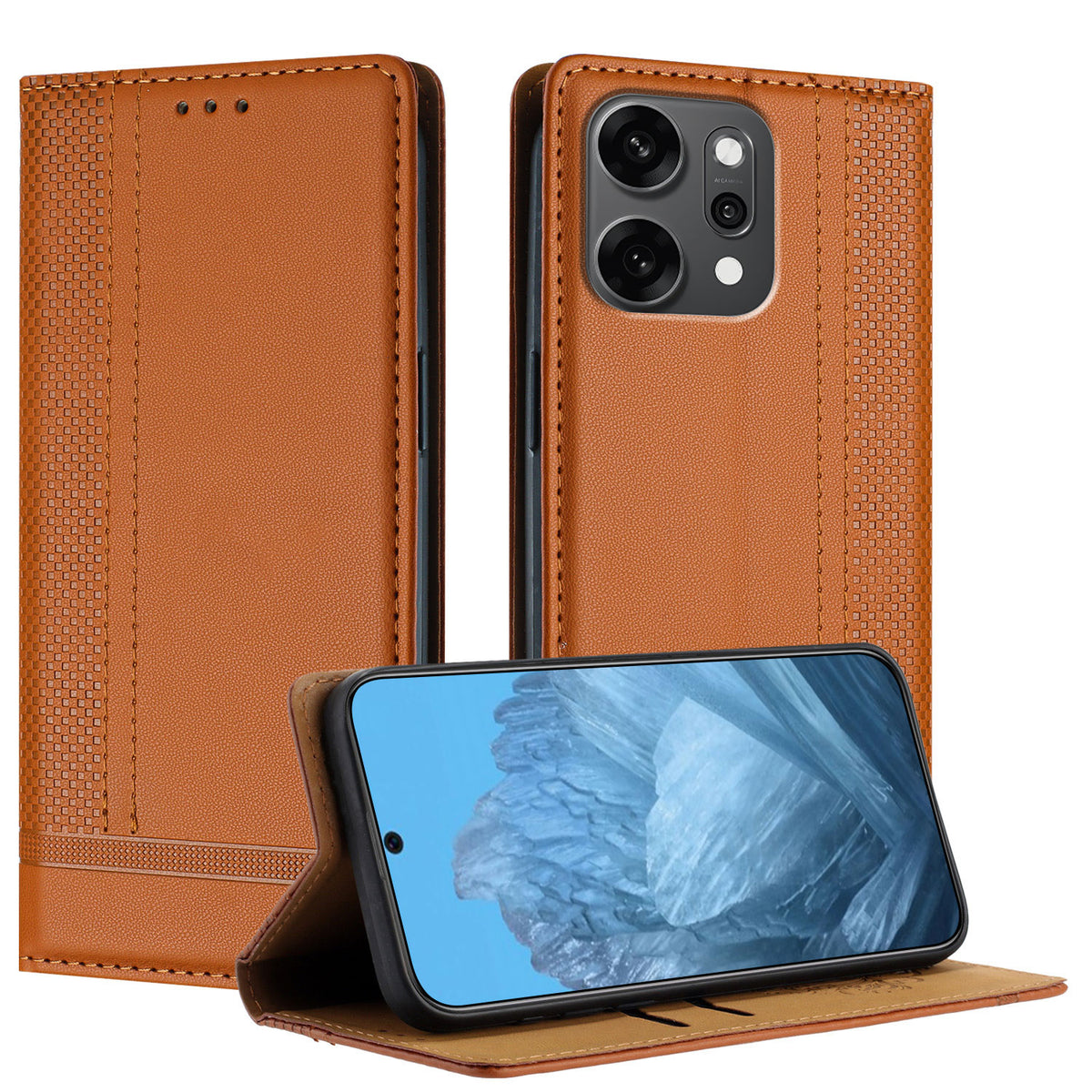 Oppo Reno14 Pro 5G (Kina) / Oppo Reno14 Pro 5G (Global) fodral L-format rutmönster läderstativ mobilskal med korthållare