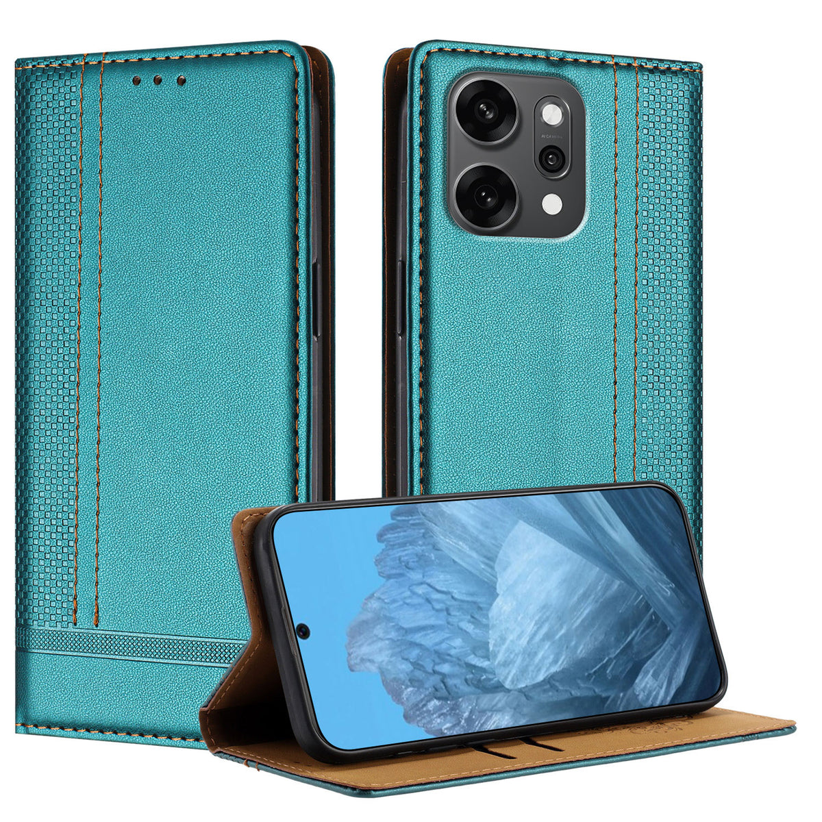 Oppo Reno14 Pro 5G (Kina) / Oppo Reno14 Pro 5G (Global) fodral L-format rutmönster läderstativ mobilskal med korthållare