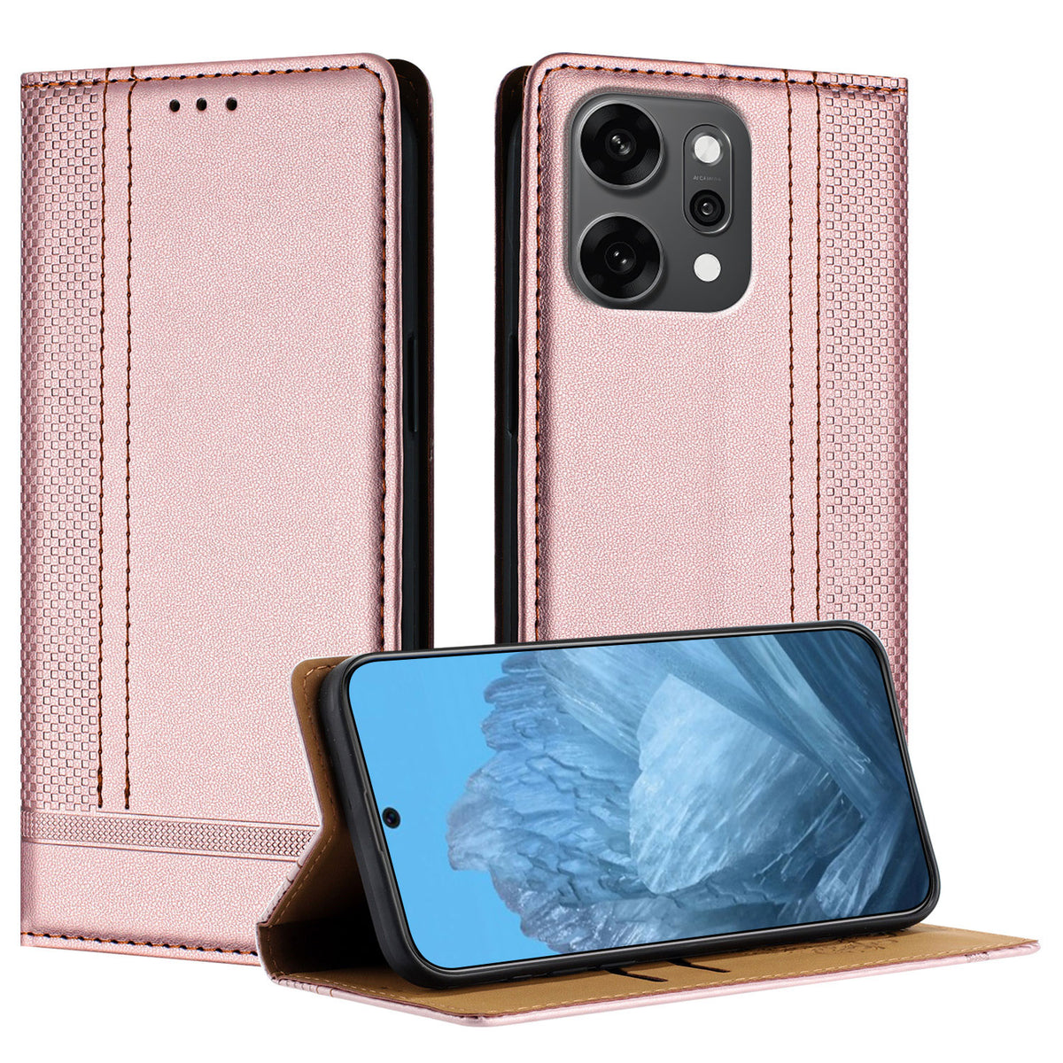 Oppo Reno14 Pro 5G (Kina) / Oppo Reno14 Pro 5G (Global) fodral L-format rutmönster läderstativ mobilskal med korthållare