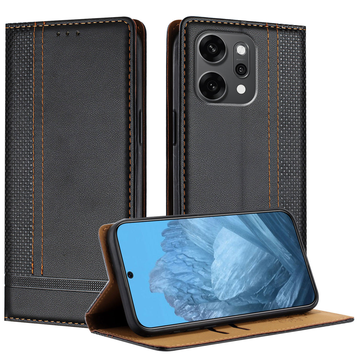 Oppo Reno14 Pro 5G (Kina) / Oppo Reno14 Pro 5G (Global) fodral L-format rutmönster läderstativ mobilskal med korthållare