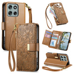 For Motorola Moto G86 5G Case Floral Leaf Pattern Multi Card Slots Zipper Leather Phone Cover with Wrist Strap