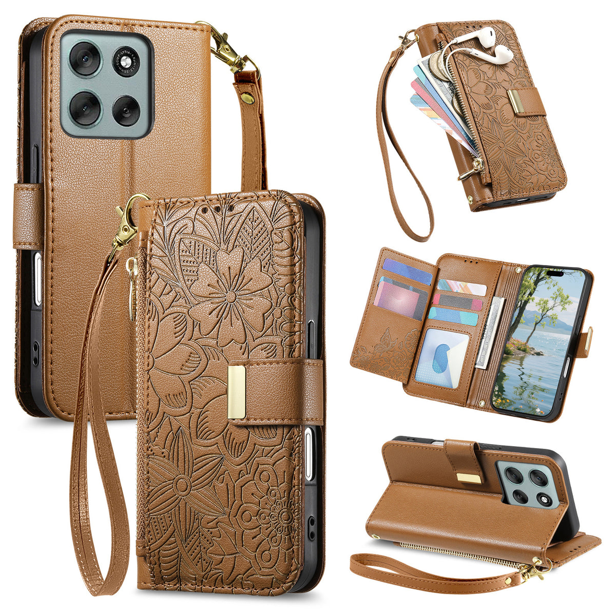 For Motorola Moto G86 5G Case Floral Leaf Pattern Multi Card Slots Zipper Leather Phone Cover with Wrist Strap