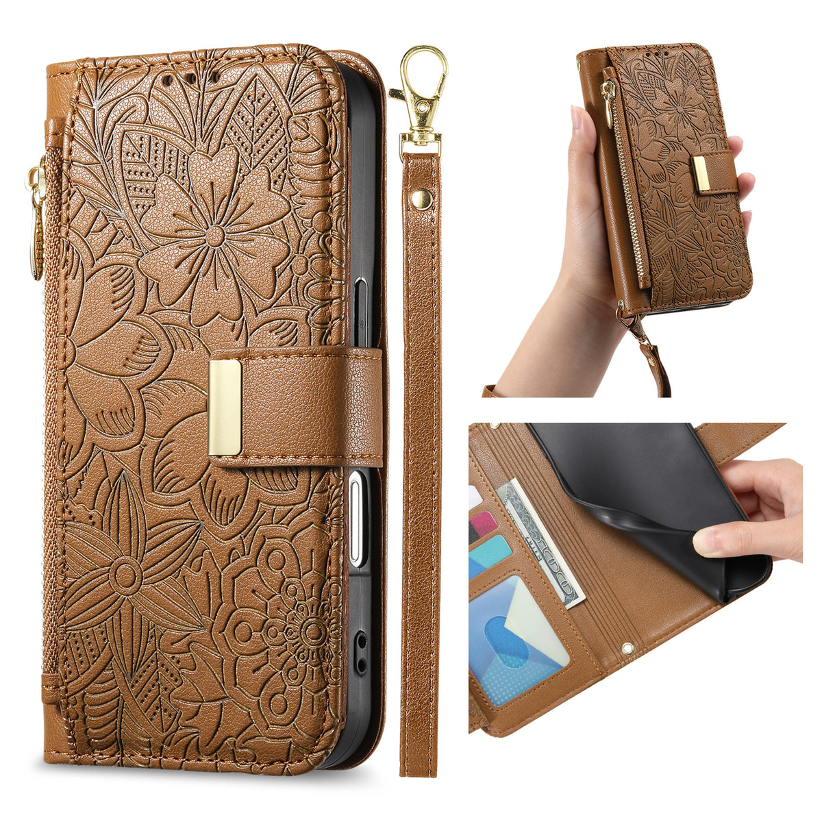 For Motorola Moto G86 5G Case Floral Leaf Pattern Multi Card Slots Zipper Leather Phone Cover with Wrist Strap