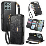 For Motorola Moto G86 5G Case Floral Leaf Pattern Multi Card Slots Zipper Leather Phone Cover with Wrist Strap