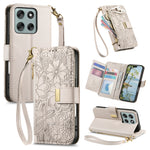 For Motorola Moto G86 5G Case Floral Leaf Pattern Multi Card Slots Zipper Leather Phone Cover with Wrist Strap