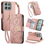 For Motorola Moto G86 5G Case Floral Leaf Pattern Multi Card Slots Zipper Leather Phone Cover with Wrist Strap