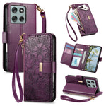 For Motorola Moto G86 5G Case Floral Leaf Pattern Multi Card Slots Zipper Leather Phone Cover with Wrist Strap