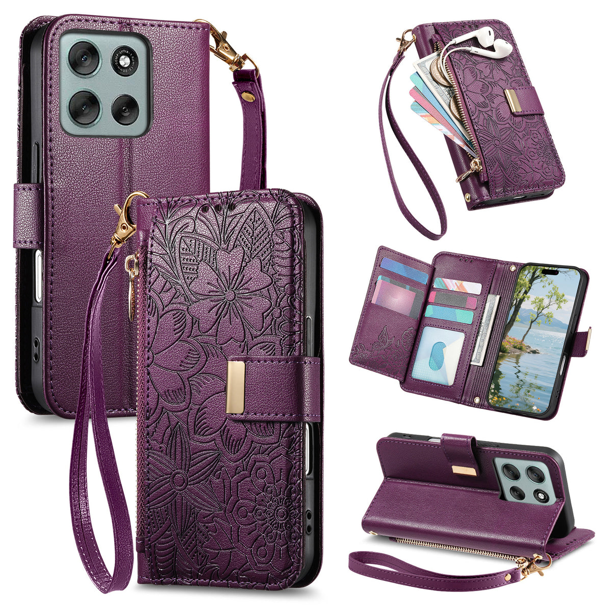 For Motorola Moto G86 5G Case Floral Leaf Pattern Multi Card Slots Zipper Leather Phone Cover with Wrist Strap