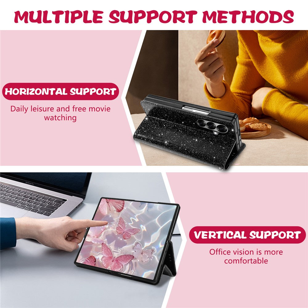 For Samsung Galaxy Z Fold7 5G PU + PC Stand Case Glitter Phone Leather Cover Zipper Pocket with Strap