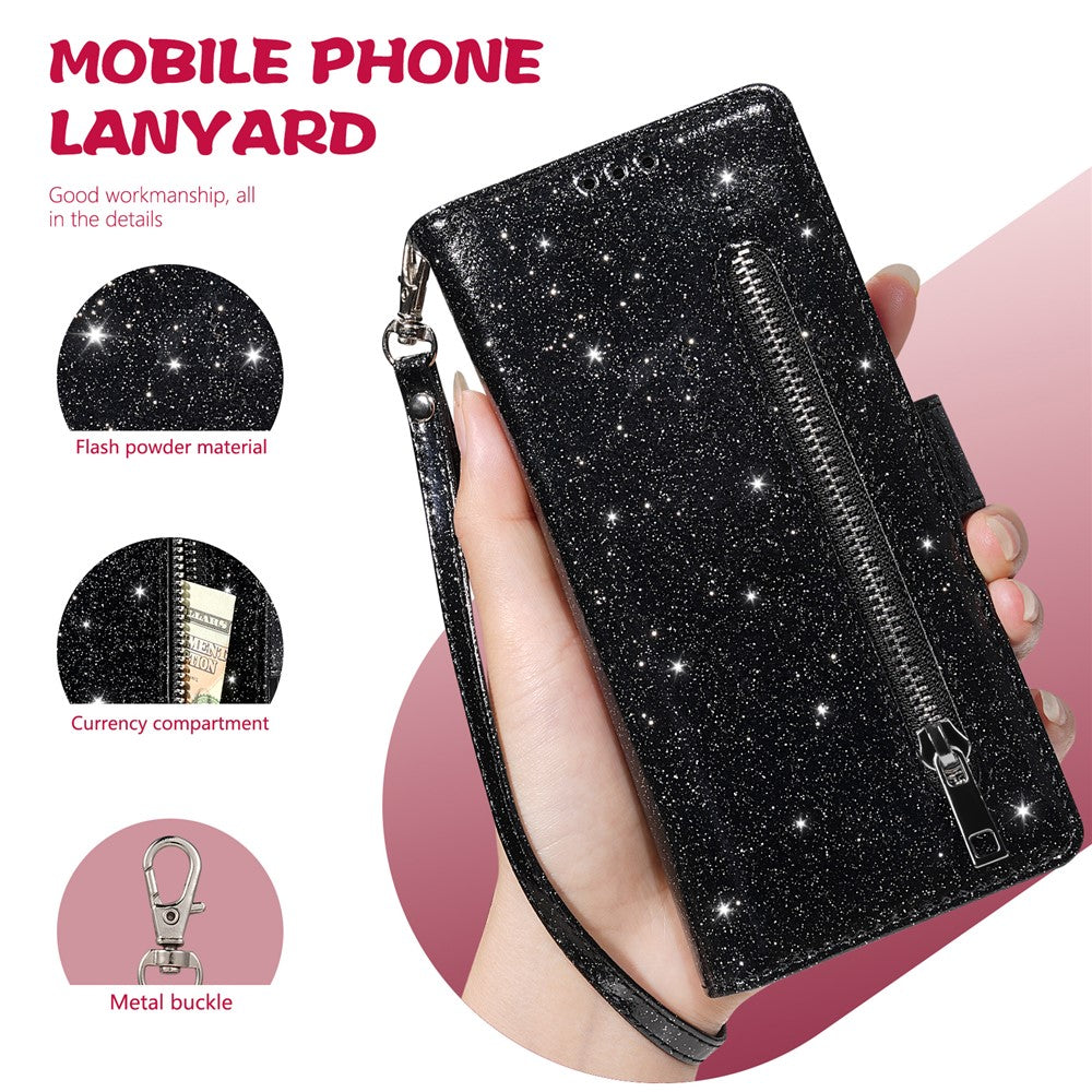 For Samsung Galaxy Z Fold7 5G PU + PC Stand Case Glitter Phone Leather Cover Zipper Pocket with Strap