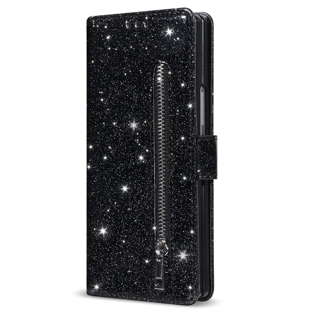 For Samsung Galaxy Z Fold7 5G PU + PC Stand Case Glitter Phone Leather Cover Zipper Pocket with Strap