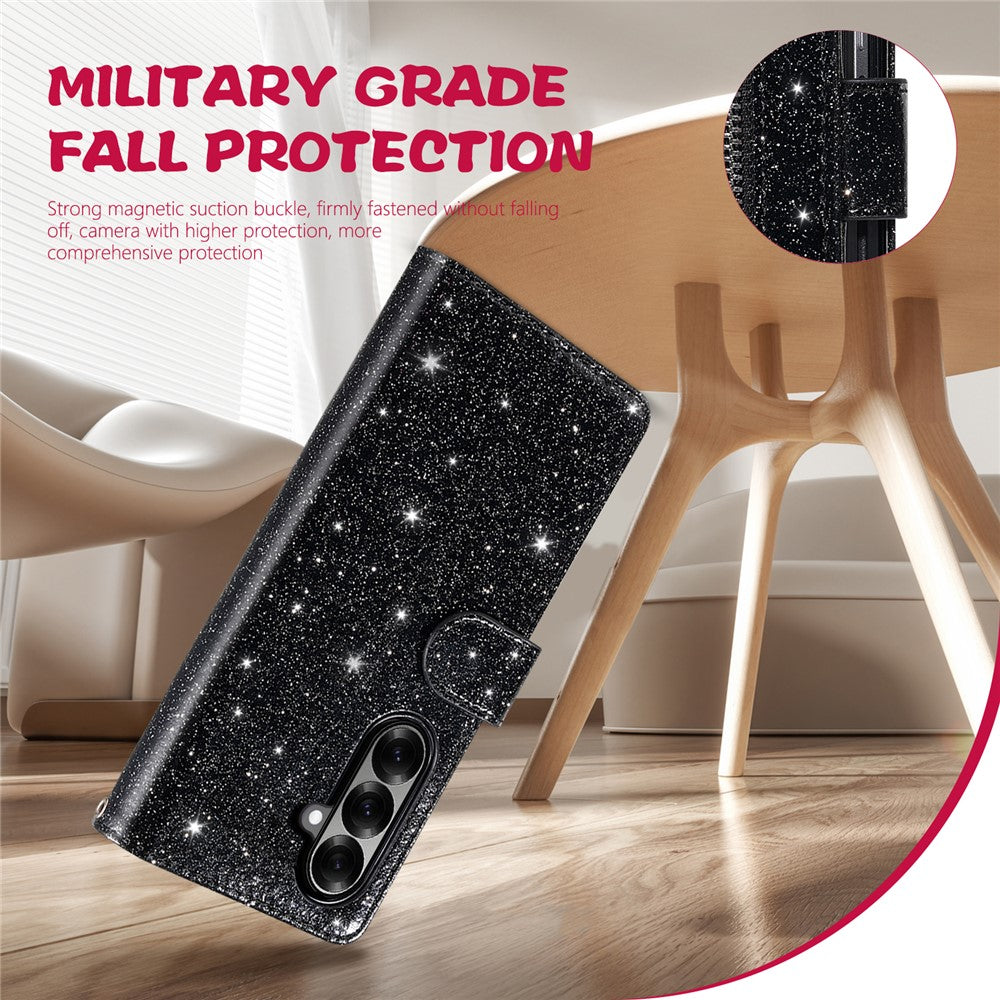 For Samsung Galaxy Z Fold7 5G PU + PC Stand Case Glitter Phone Leather Cover Zipper Pocket with Strap
