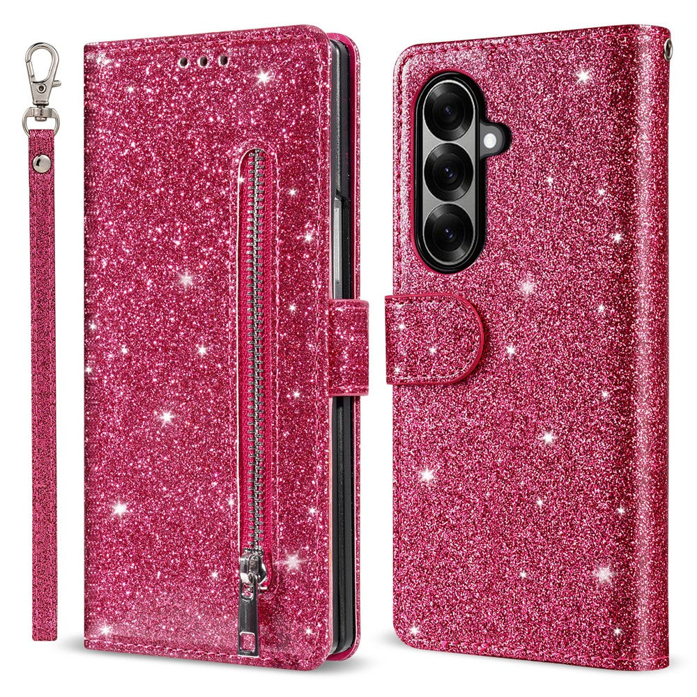 For Samsung Galaxy Z Fold7 5G PU + PC Stand Case Glitter Phone Leather Cover Zipper Pocket with Strap