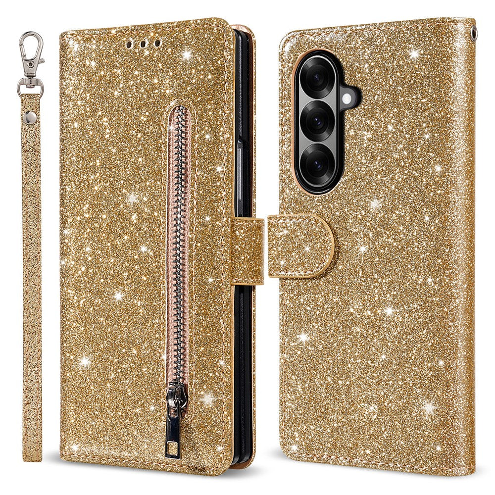 For Samsung Galaxy Z Fold7 5G PU + PC Stand Case Glitter Phone Leather Cover Zipper Pocket with Strap