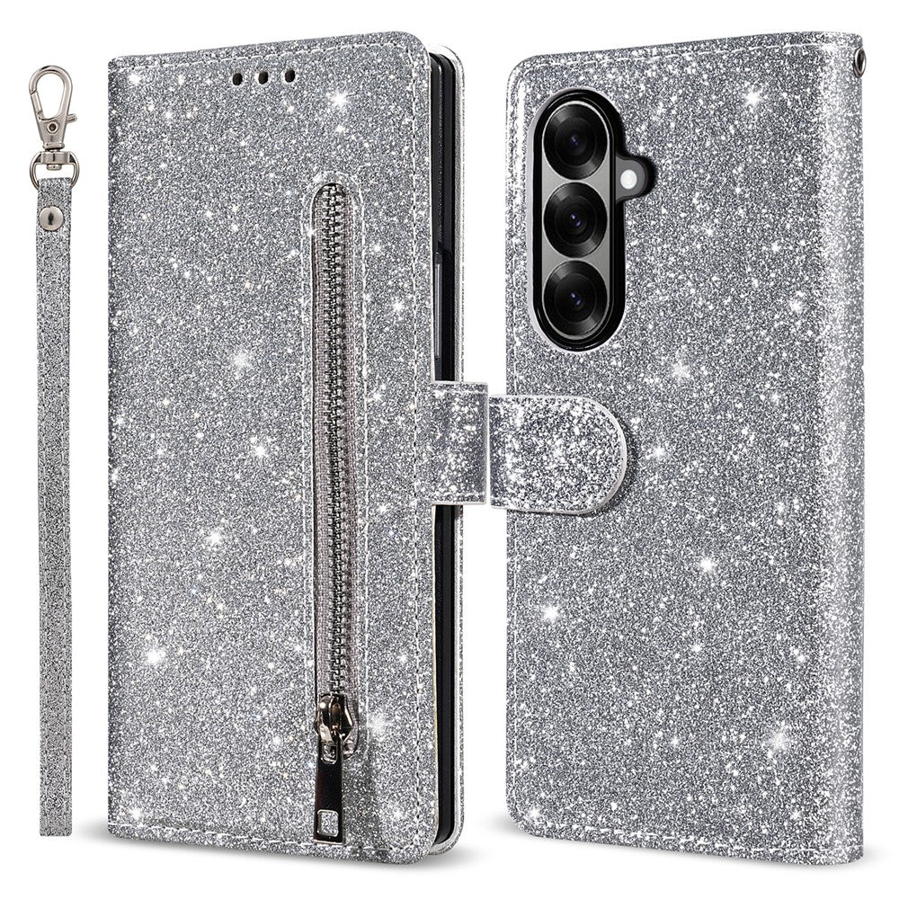 For Samsung Galaxy Z Fold7 5G PU + PC Stand Case Glitter Phone Leather Cover Zipper Pocket with Strap