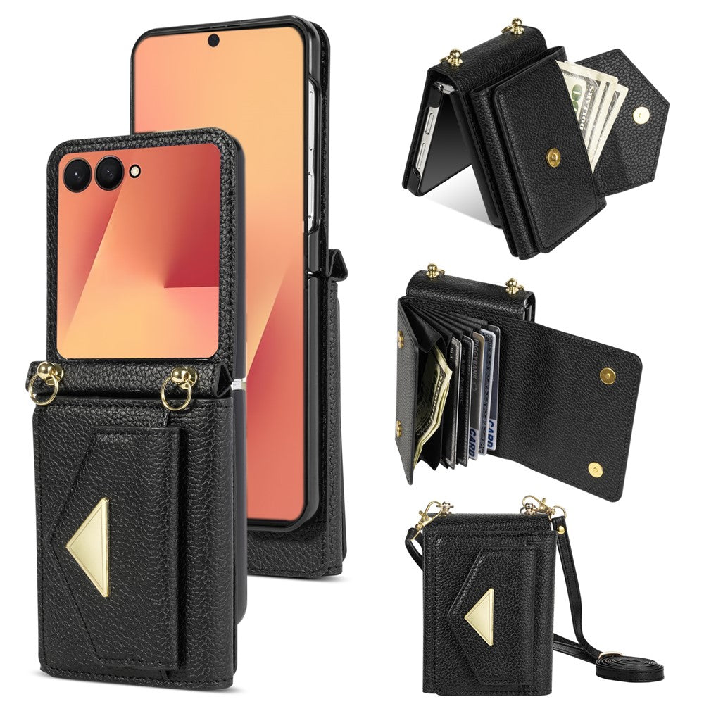 Til Samsung Galaxy Z Flip7 5G Etui Kortpladser PU + PC Telefoncover med Lang Rem