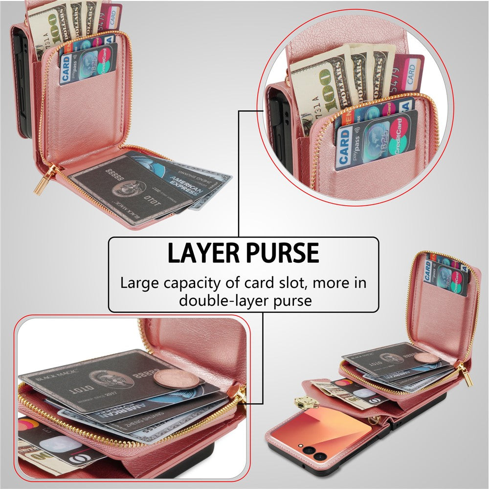 Til Samsung Galaxy Z Flip7 5G Etui Lynlås Pung PU Læder TPU PC Telefoncover med Skulderrem