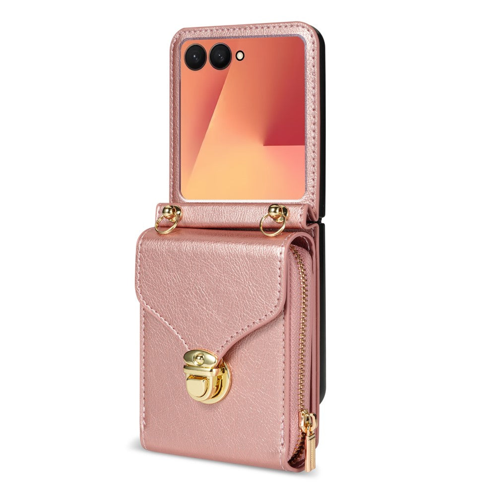 Til Samsung Galaxy Z Flip7 5G Etui Lynlås Pung PU Læder TPU PC Telefoncover med Skulderrem
