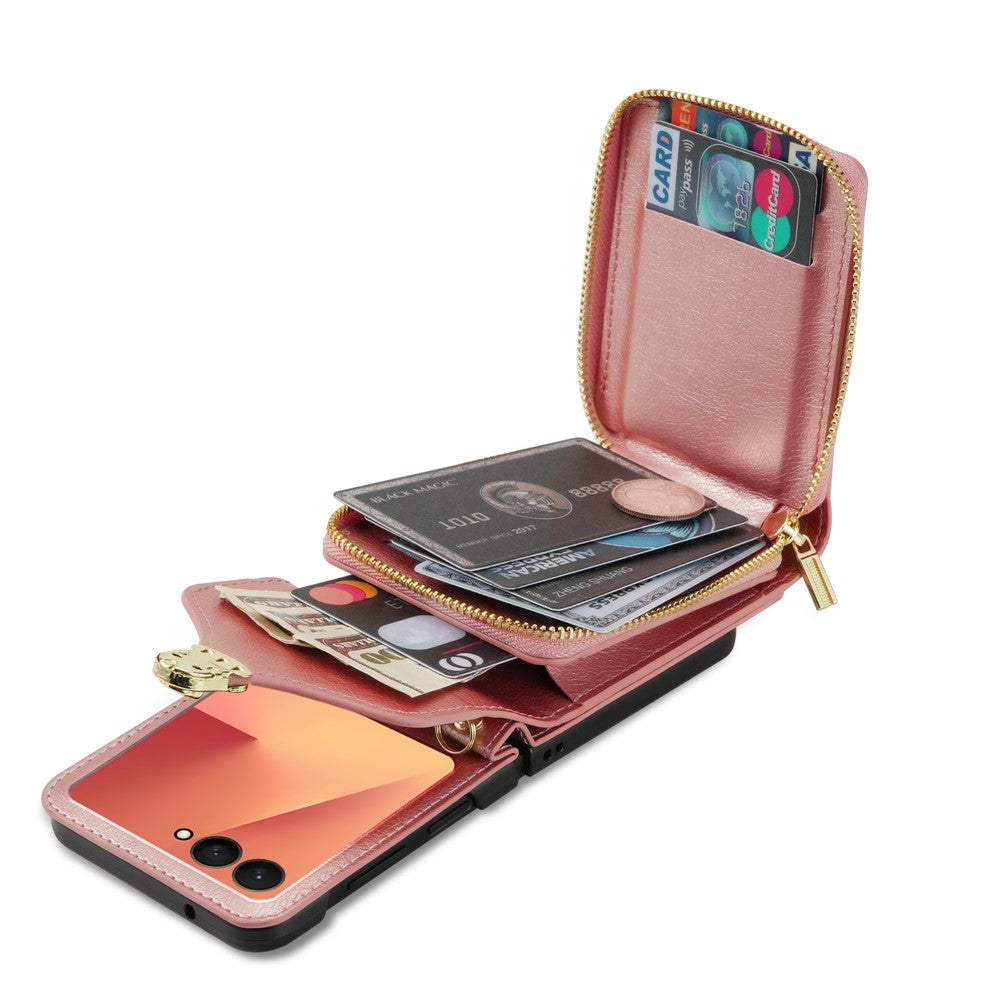 Til Samsung Galaxy Z Flip7 5G Etui Lynlås Pung PU Læder TPU PC Telefoncover med Skulderrem