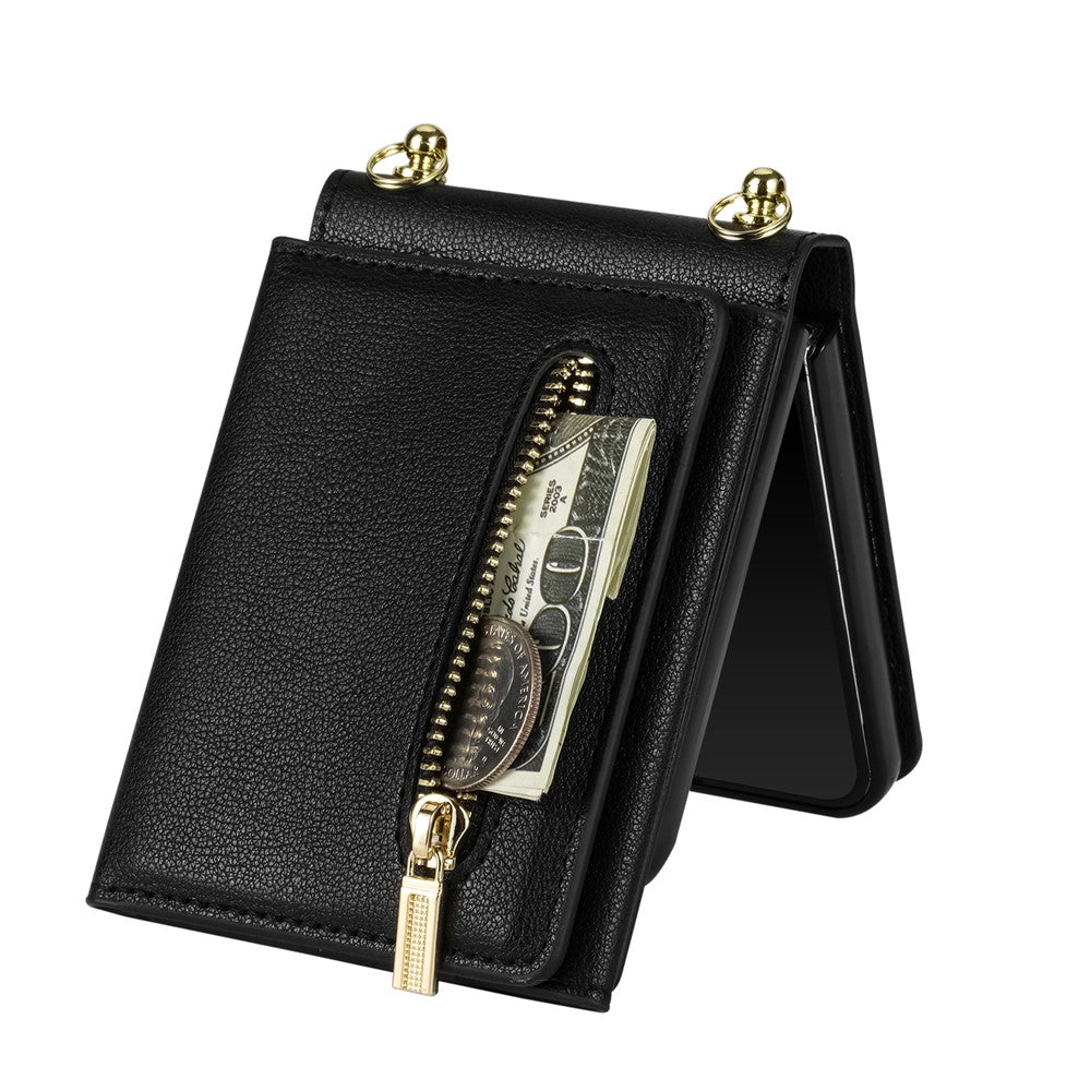 For Samsung Galaxy Z Flip7 5G Case Zipper Wallet PU + TPU + PC Phone Cover with Shoulder Strap