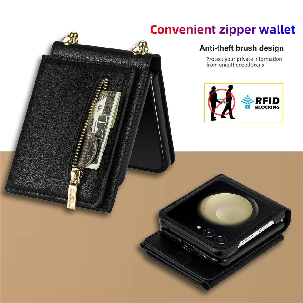 For Samsung Galaxy Z Flip7 5G Case Zipper Wallet PU + TPU + PC Phone Cover with Shoulder Strap
