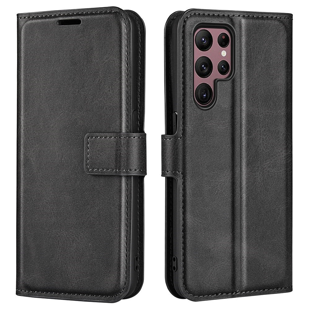 Samsung Galaxy S23 Ultra Kalvtextur Stativ Plånboksfodral PU-läder Fyrkantigt Magnetspänne Folio Flip mobilfodral