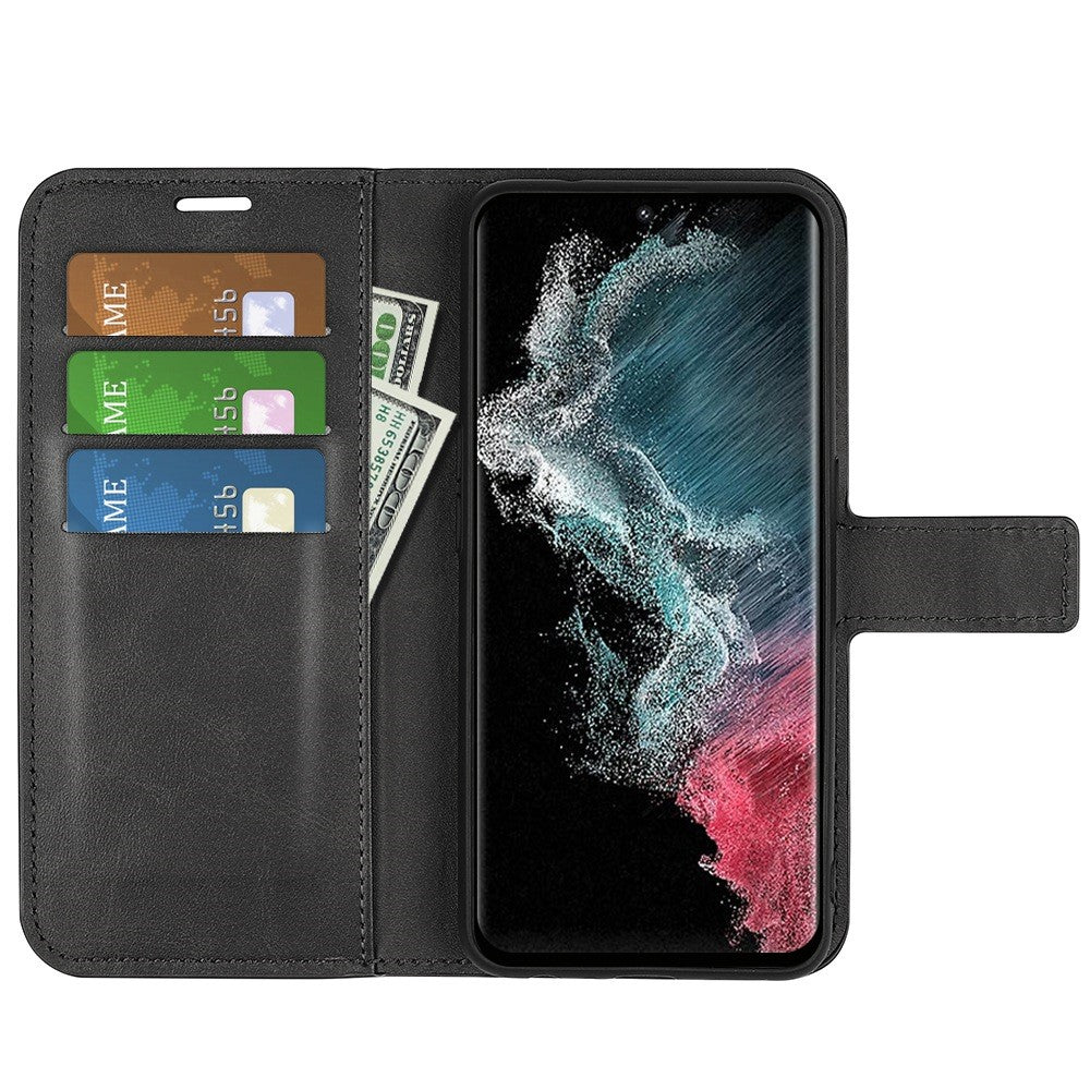Samsung Galaxy S23 Ultra Kalvtextur Stativ Plånboksfodral PU-läder Fyrkantigt Magnetspänne Folio Flip mobilfodral