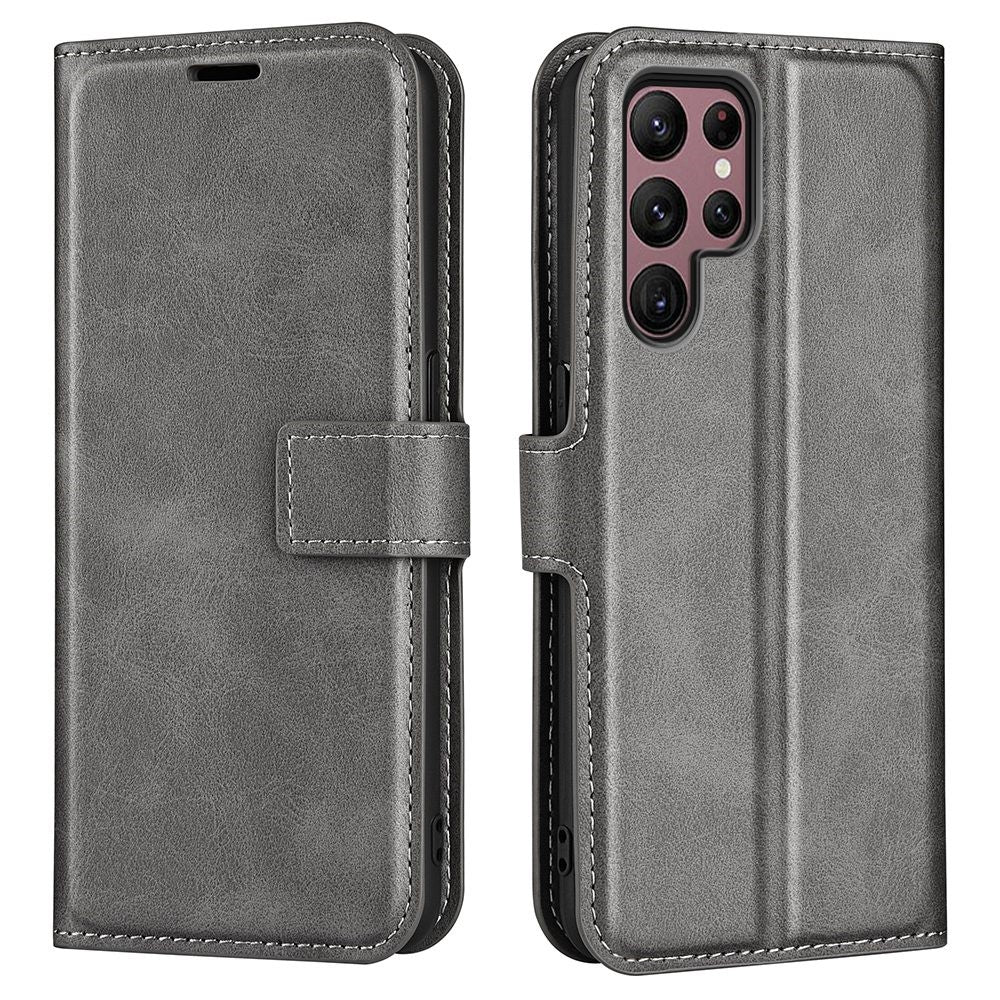 Samsung Galaxy S23 Ultra Kalvtextur Stativ Plånboksfodral PU-läder Fyrkantigt Magnetspänne Folio Flip mobilfodral