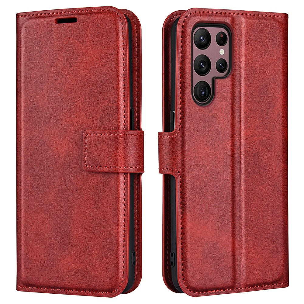 Samsung Galaxy S23 Ultra Kalvtextur Stativ Plånboksfodral PU-läder Fyrkantigt Magnetspänne Folio Flip mobilfodral
