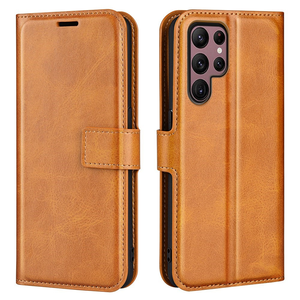 Samsung Galaxy S23 Ultra Kalvtextur Stativ Plånboksfodral PU-läder Fyrkantigt Magnetspänne Folio Flip mobilfodral