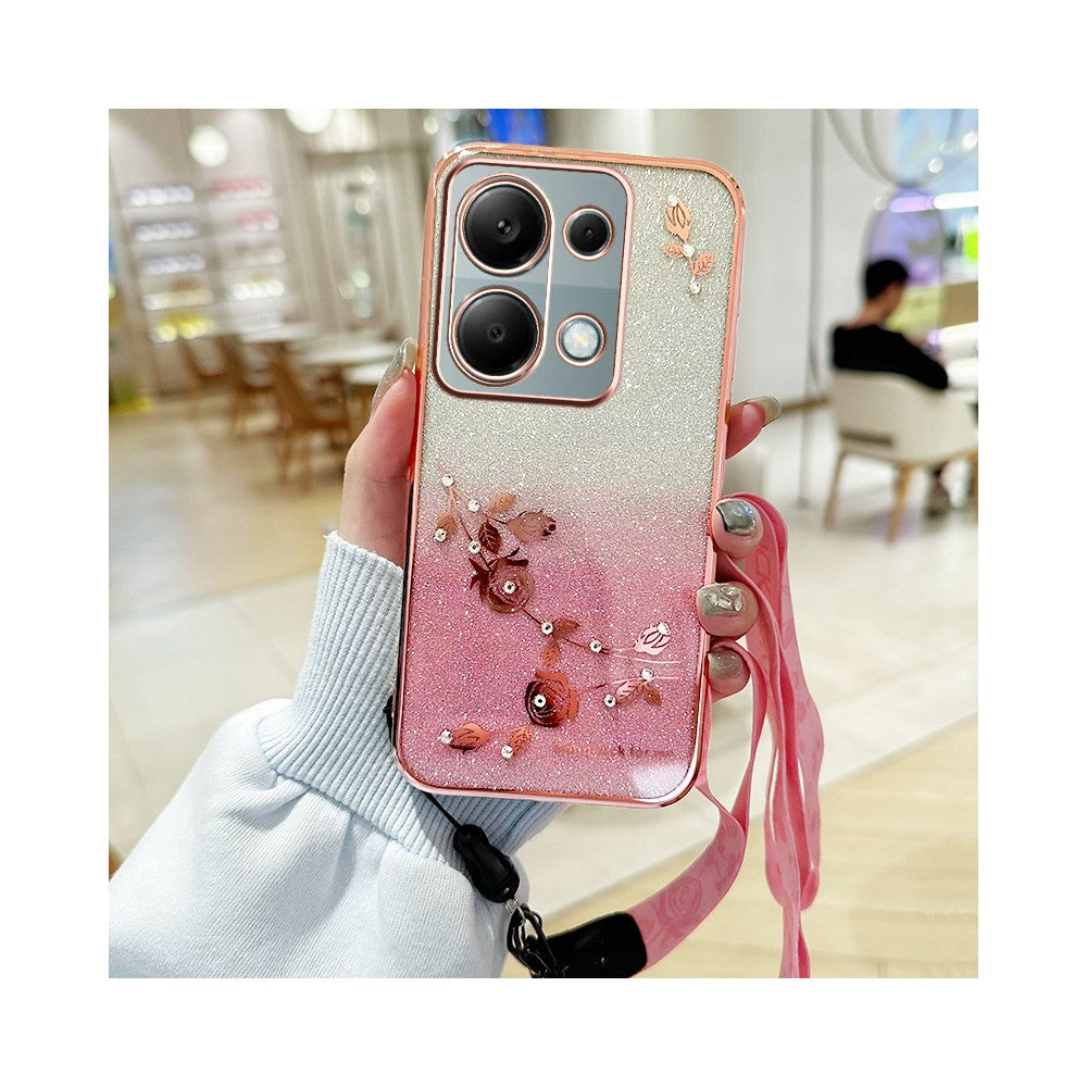 KADEM Phone Case For Xiaomi Redmi Note 13 Pro 4G / Note 14S 4G / Poco M6 Pro 4G , Flower Pattern TPU Gradient Cover with Lanyards