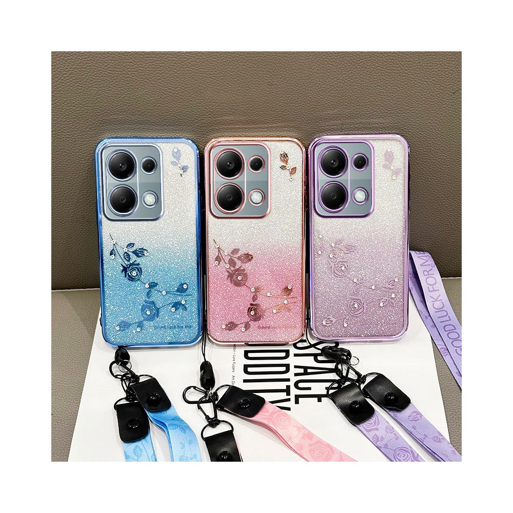 KADEM Phone Case For Xiaomi Redmi Note 13 Pro 4G / Note 14S 4G / Poco M6 Pro 4G , Flower Pattern TPU Gradient Cover with Lanyards