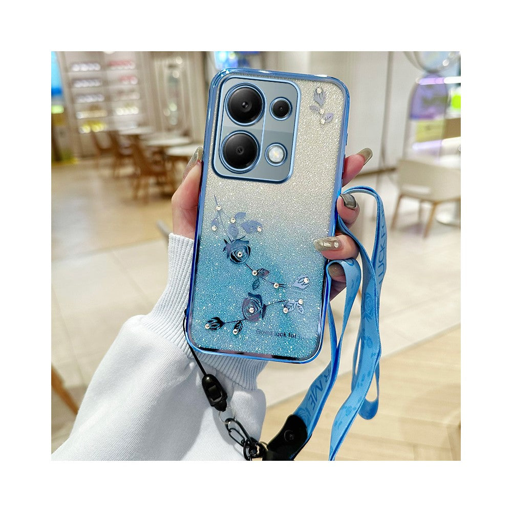 KADEM Phone Case For Xiaomi Redmi Note 13 Pro 4G / Note 14S 4G / Poco M6 Pro 4G , Flower Pattern TPU Gradient Cover with Lanyards