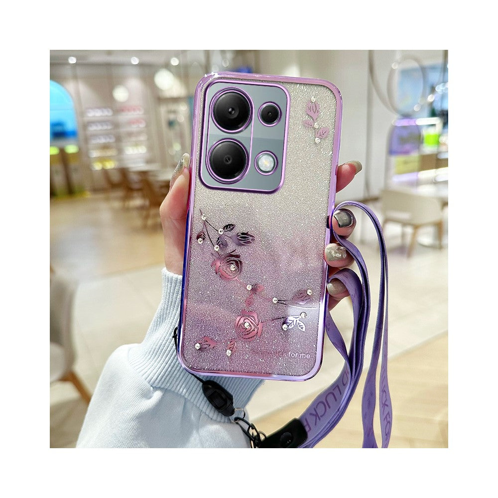 KADEM Phone Case For Xiaomi Redmi Note 13 Pro 4G / Note 14S 4G / Poco M6 Pro 4G , Flower Pattern TPU Gradient Cover with Lanyards