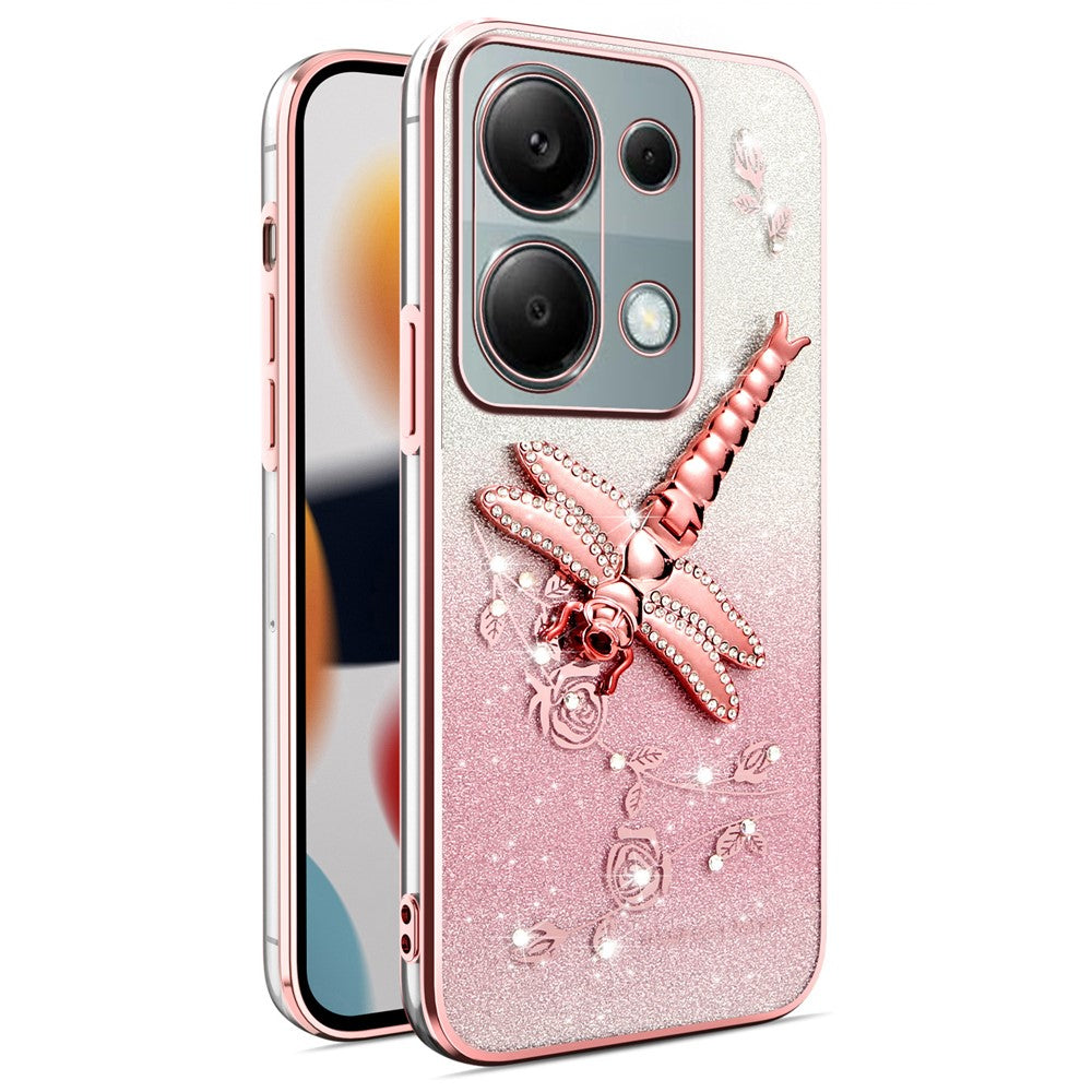KADEM Phone Case For Xiaomi Redmi Note 13 Pro 4G / Note 14S 4G / Poco M6 Pro 4G , Dragonfly Kickstand TPU Flowers Glitter Cover