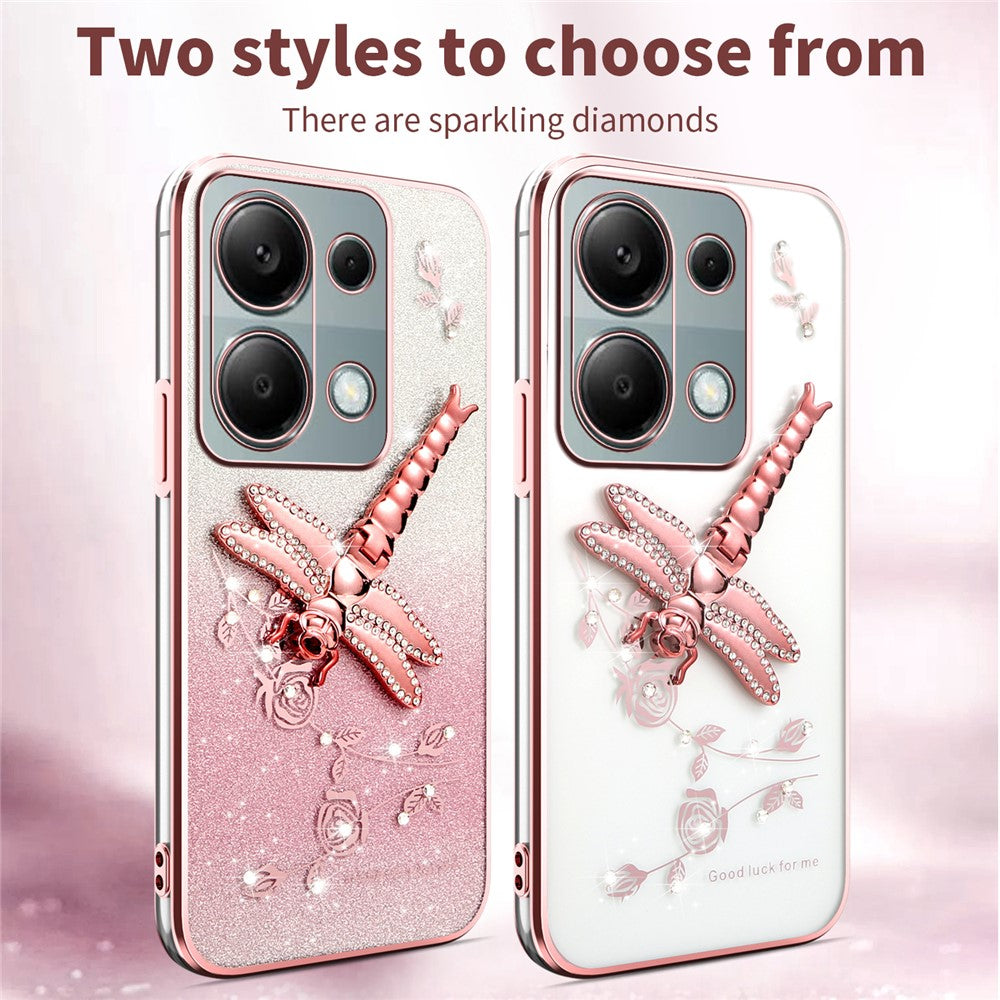 KADEM Phone Case For Xiaomi Redmi Note 13 Pro 4G / Note 14S 4G / Poco M6 Pro 4G , Dragonfly Kickstand TPU Flowers Glitter Cover