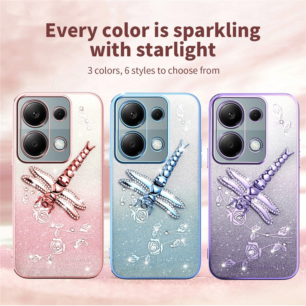 KADEM Phone Case For Xiaomi Redmi Note 13 Pro 4G / Note 14S 4G / Poco M6 Pro 4G , Dragonfly Kickstand TPU Flowers Glitter Cover