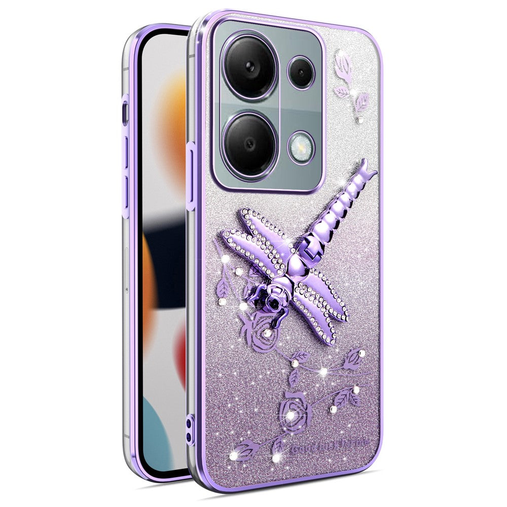 KADEM Phone Case For Xiaomi Redmi Note 13 Pro 4G / Note 14S 4G / Poco M6 Pro 4G , Dragonfly Kickstand TPU Flowers Glitter Cover