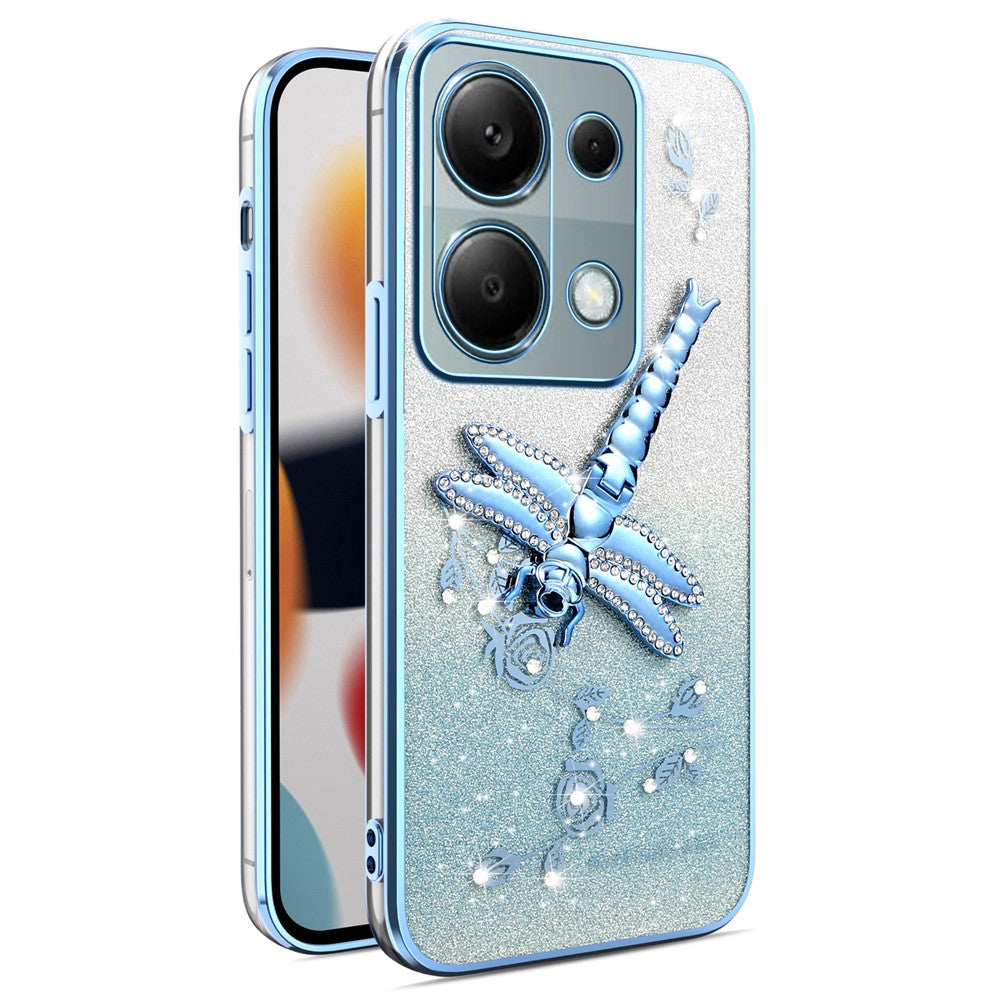 KADEM Phone Case For Xiaomi Redmi Note 13 Pro 4G / Note 14S 4G / Poco M6 Pro 4G , Dragonfly Kickstand TPU Flowers Glitter Cover