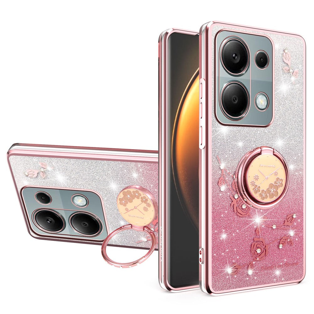 KADEM For Xiaomi Redmi Note 13 Pro 4G / Note 14S 4G / Poco M6 Pro 4G Case Ring Kickstand TPU Flowers Phone Cover Gradient Glitter