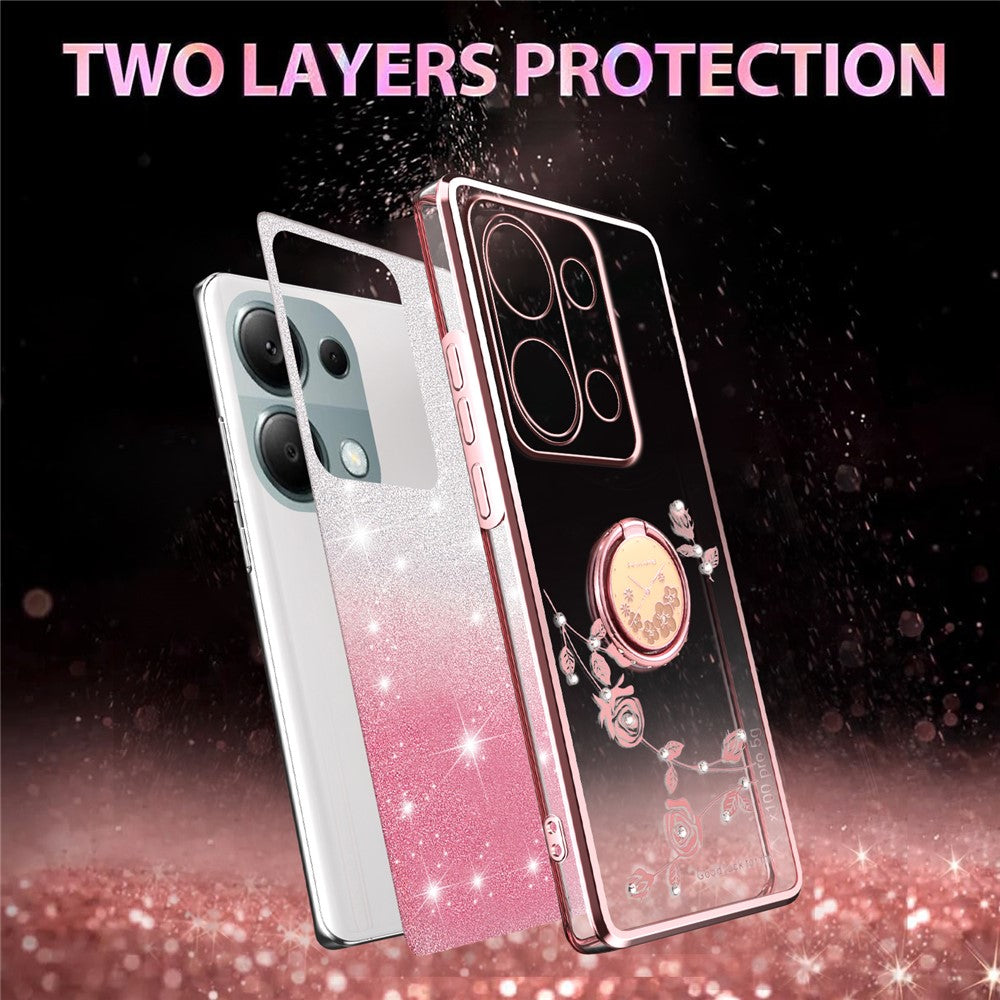 KADEM For Xiaomi Redmi Note 13 Pro 4G / Note 14S 4G / Poco M6 Pro 4G Case Ring Kickstand TPU Flowers Phone Cover Gradient Glitter