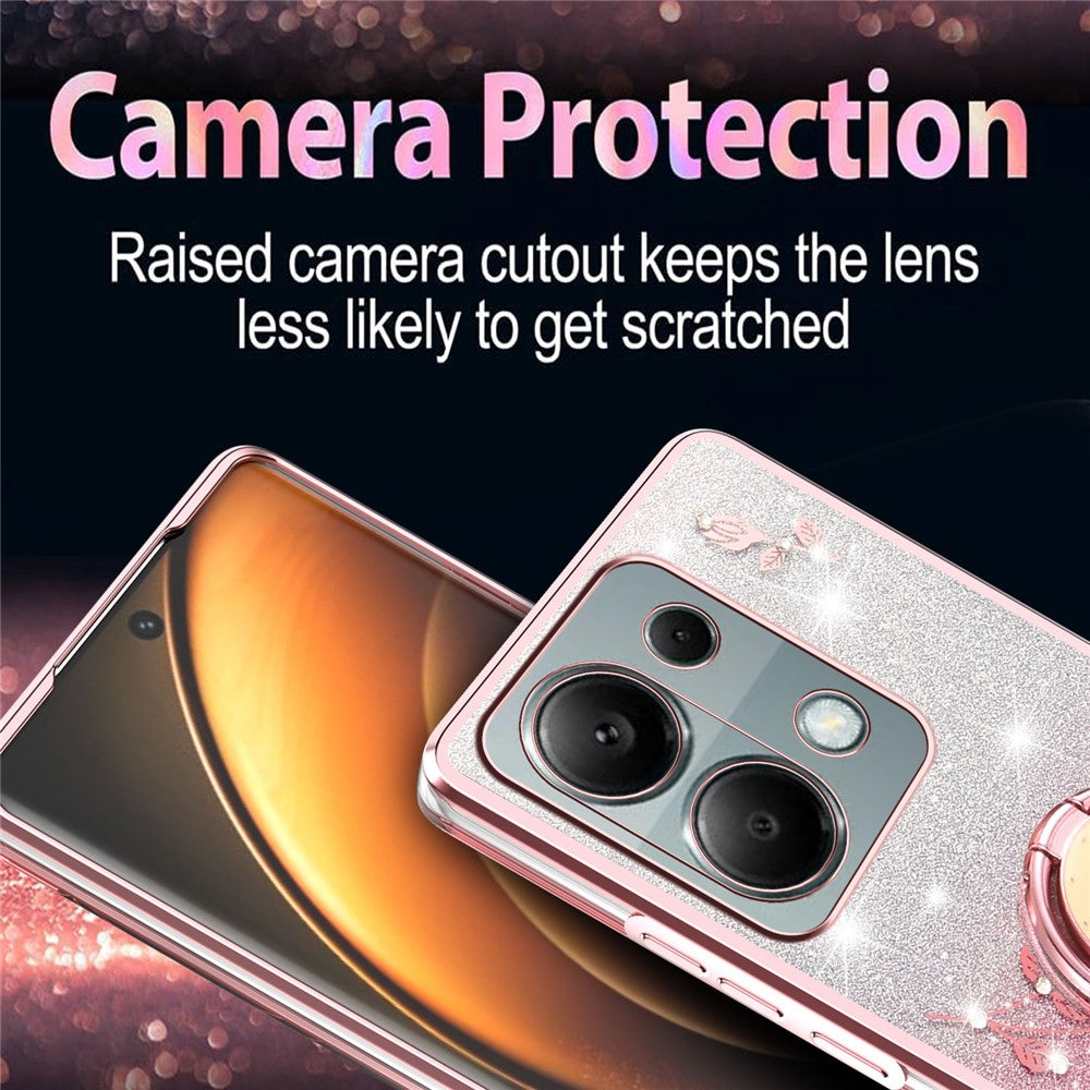 KADEM For Xiaomi Redmi Note 13 Pro 4G / Note 14S 4G / Poco M6 Pro 4G Case Ring Kickstand TPU Flowers Phone Cover Gradient Glitter