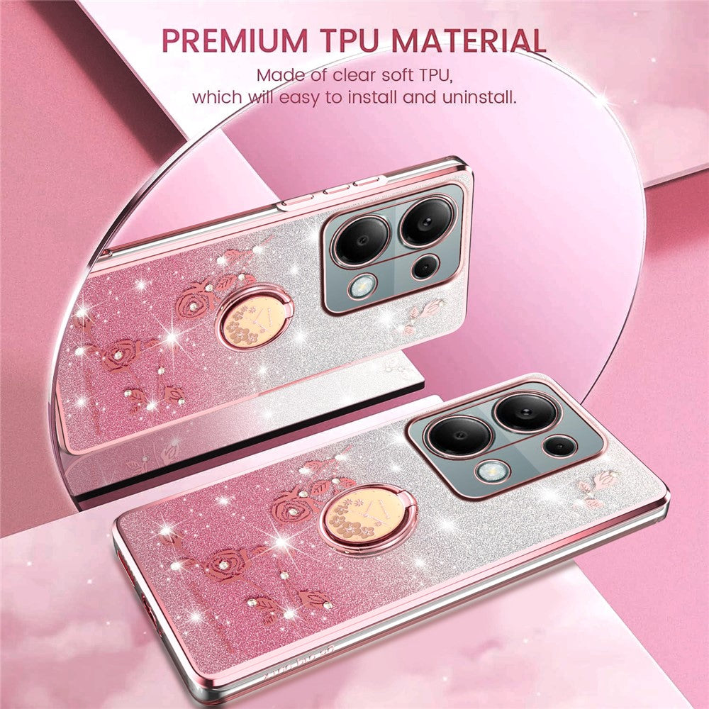 KADEM For Xiaomi Redmi Note 13 Pro 4G / Note 14S 4G / Poco M6 Pro 4G Case Ring Kickstand TPU Flowers Phone Cover Gradient Glitter