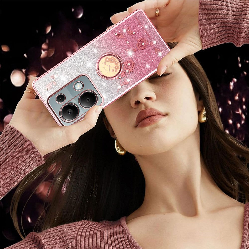 KADEM For Xiaomi Redmi Note 13 Pro 4G / Note 14S 4G / Poco M6 Pro 4G Case Ring Kickstand TPU Flowers Phone Cover Gradient Glitter