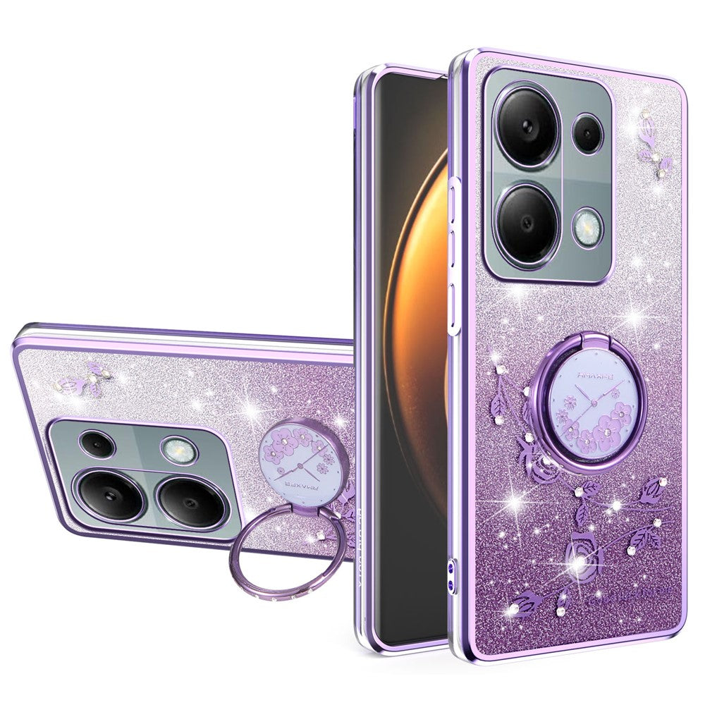 KADEM For Xiaomi Redmi Note 13 Pro 4G / Note 14S 4G / Poco M6 Pro 4G Case Ring Kickstand TPU Flowers Phone Cover Gradient Glitter