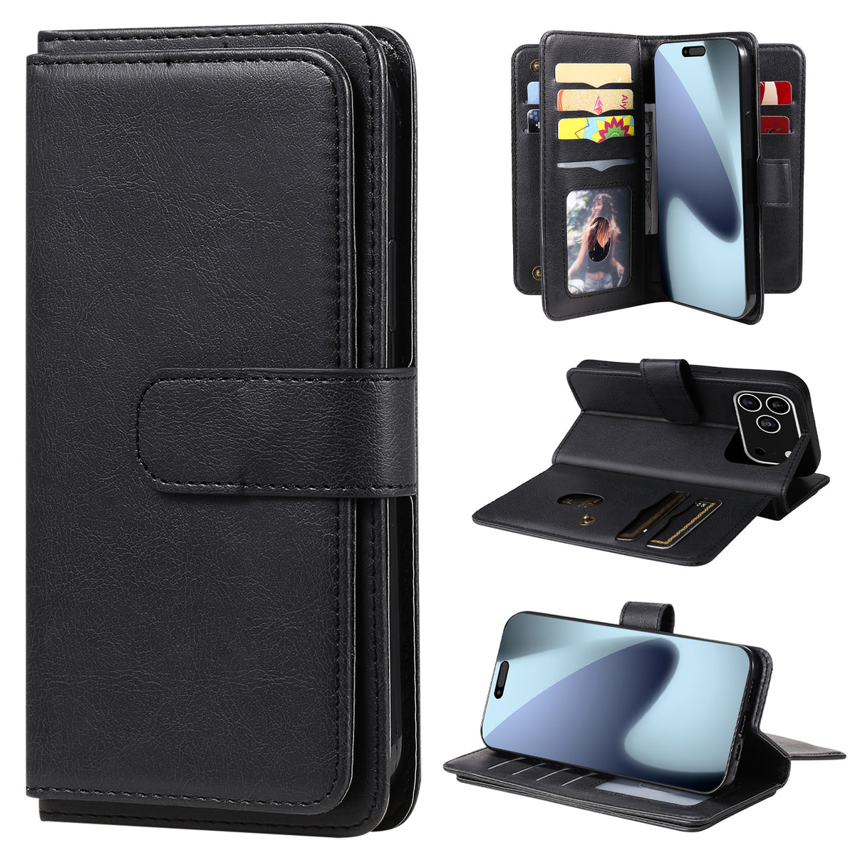 Til iPhone 18 Pro Max / 17 Pro Max Lædercover med 10 Kortlommer Telefoncover Stativ