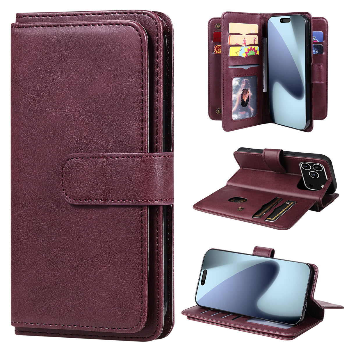 Til iPhone 18 Pro Max / 17 Pro Max Lædercover med 10 Kortlommer Telefoncover Stativ