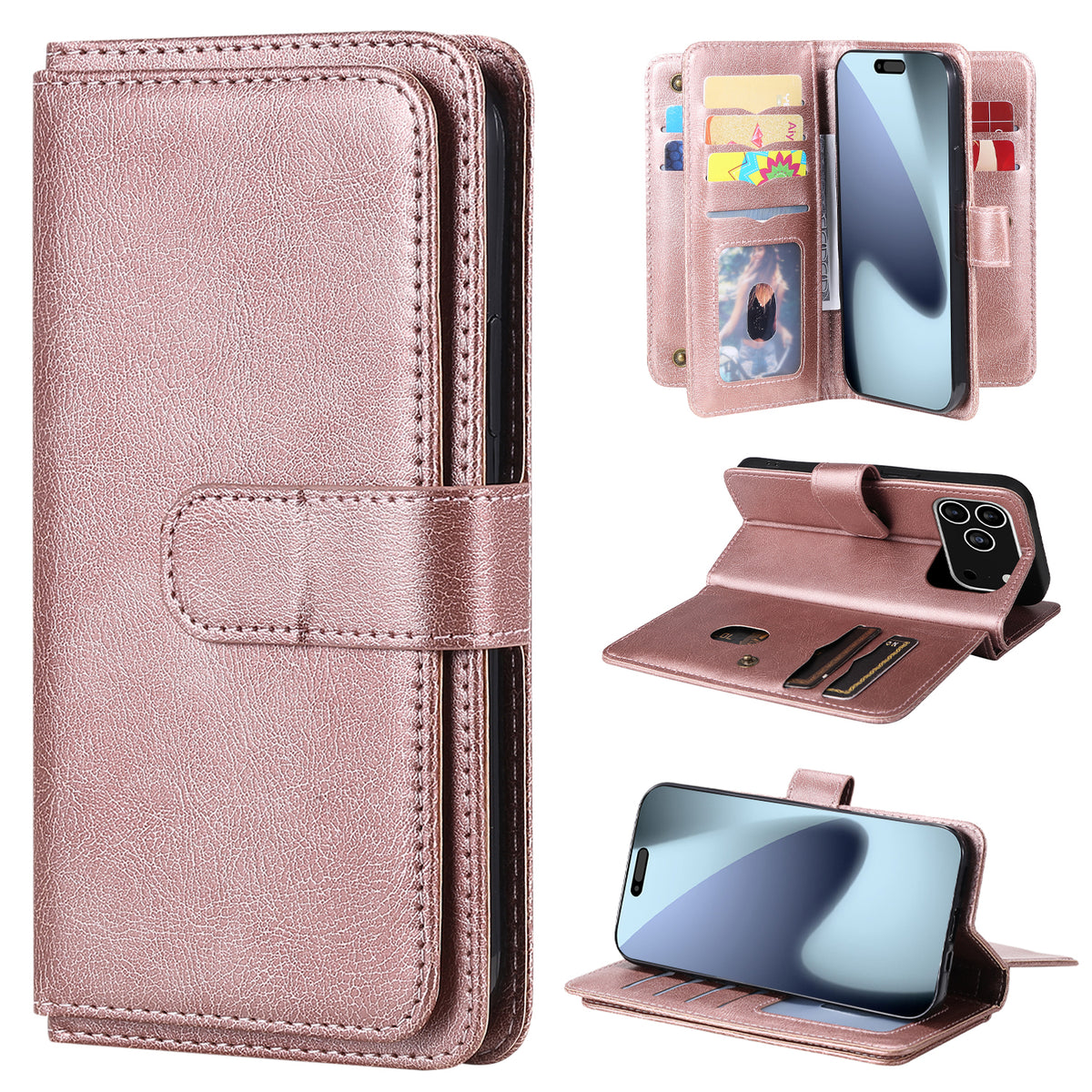 Til iPhone 18 Pro Max / 17 Pro Max Lædercover med 10 Kortlommer Telefoncover Stativ